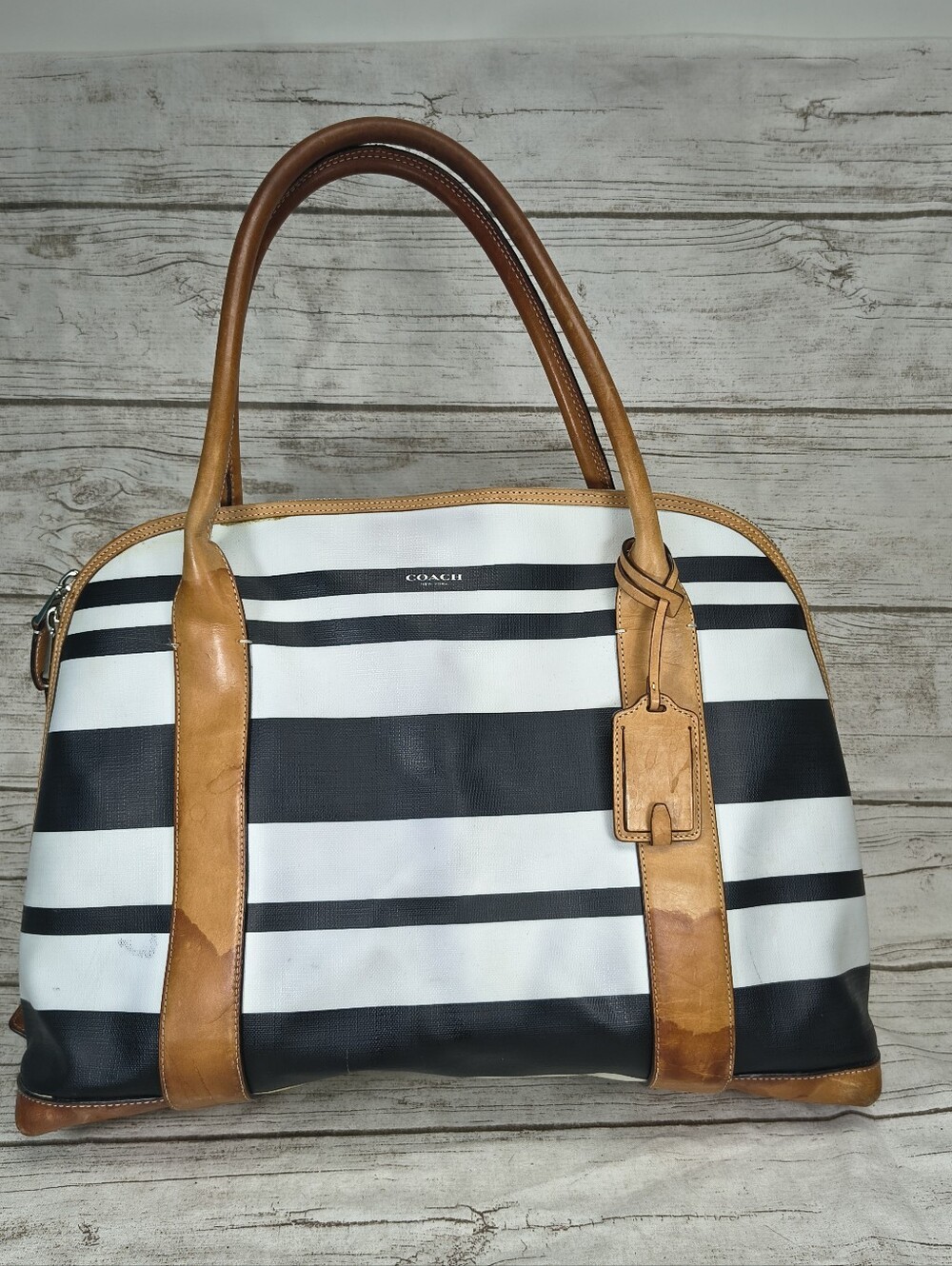 COACH Bleecker Striped Preston Satchel F30173 Black White Leather Trim Vintage